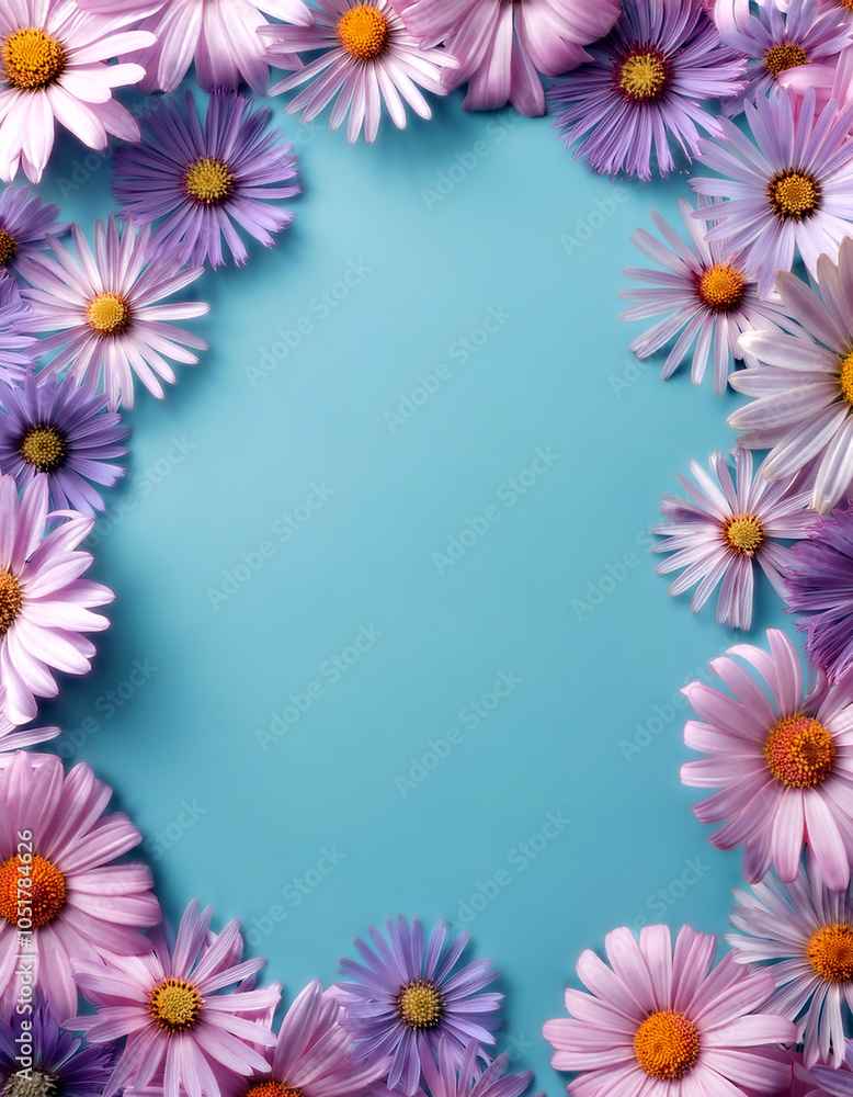 Symphyotrichum ericoides flower filling the edges of the frame isolated on a light blue background Symphyotrichum ericoides flower filling the edges of the frame isolated on a light blue background