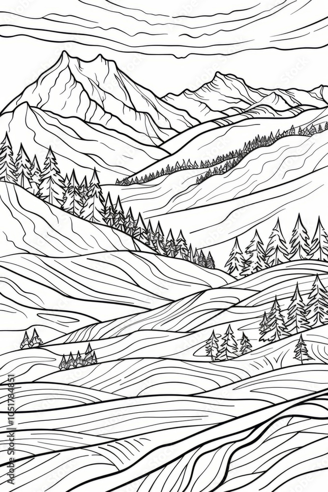 Fototapeta premium Mountain landscape coloring page: tranquil alpine scene with pine trees