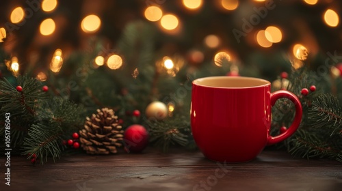 With a snowflake design in gold on the front, this cozy red mug is embellished with pinecones, Christmas ornaments, and a variety of festive decorations, creating a warm holiday atmosphere.