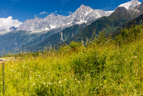 Chamonix rocky granite mountain peaks in french Alps around Mont Blanc summit in Chamonix valley. Scenic landscape of iconic alpine summits the legends of mountaineering and alpinism
