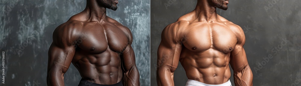 Sidebyside comparison of a man s body before and after weight loss, defined muscles and lean figure in the after image, dramatic lighting on abs Sidebyside comparison of a man s body before and after weight loss, defined muscles and lean figure in the after image, dramatic lighting on abs