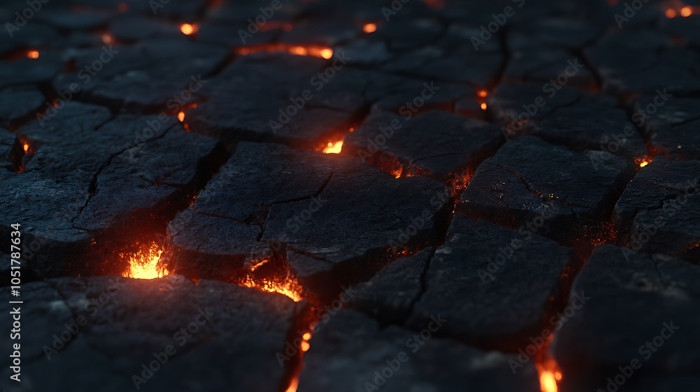 Close-up of cracked and broken ground with glowing flames erupting through the cracks. Close-up of cracked and broken ground with glowing flames erupting through the cracks.