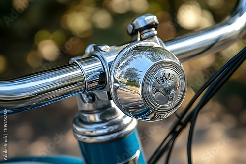 Close-up of a vintage bicycle bell on handlebars.