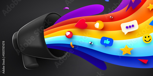 3d megaphone speaker or loudspeaker bullhorn for announce promotion with colorful elements. Megaphone 3d loud hailer mockup. Vector illustration.