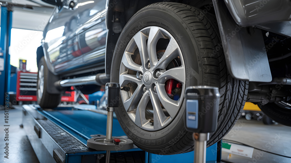 Closeup of Car Wheel Alignment Process Closeup of Car Wheel Alignment Process