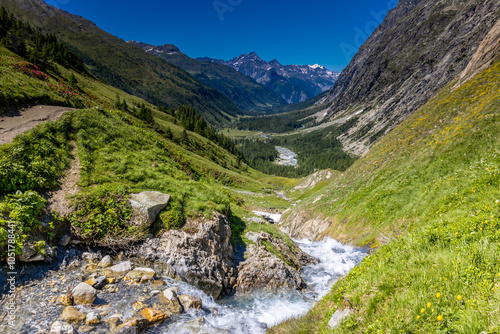 Chamonix rocky granite mountain peaks in french Alps around Mont Blanc summit in Chamonix valley. Scenic landscape of iconic alpine summits the legends of mountaineering and alpinism