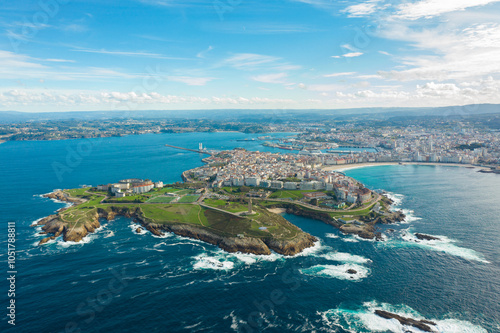 Aerial point of view of A Coruna city. Situated in Galicia province, in Northwest of Spain.  A Coruña is nowadays the richest region of Galicia and its economic engine. Famous travel destination.