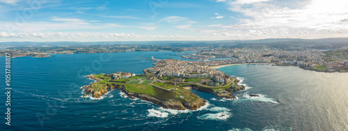 Aerial point of view of A Coruna city. Situated in Galicia province, in Northwest of Spain.  A Coruña is nowadays the richest region of Galicia and its economic engine. Famous travel destination.