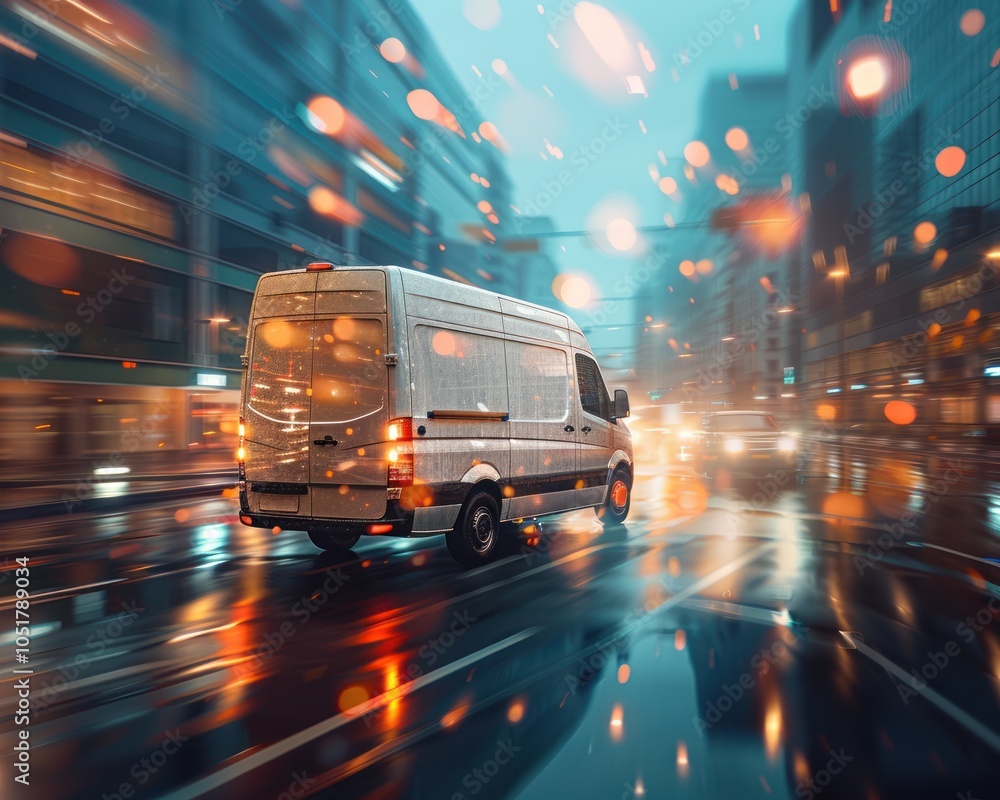 A blurred image of a white delivery van navigating through a rainy urban street, illuminated by vibrant city lights.