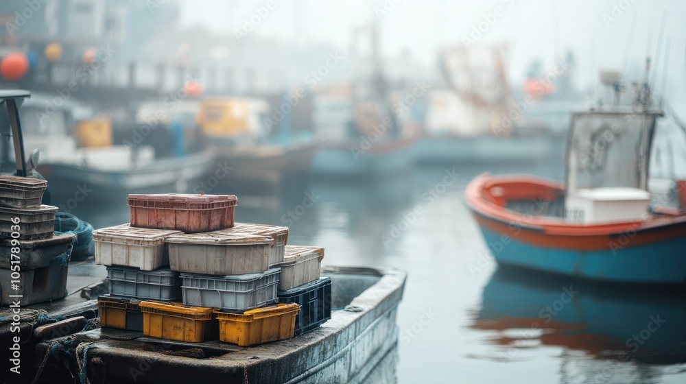 Obraz premium Fishing Boat and Colorful Crates in Harbor