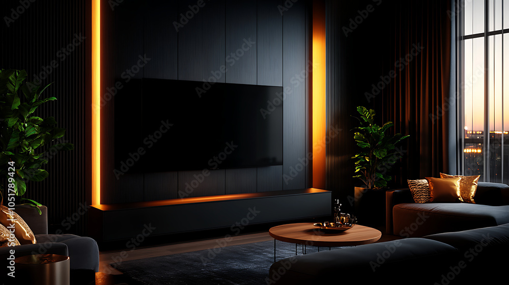 Modern living room interior with stylish decor and warm lighting. Modern living room interior with stylish decor and warm lighting.