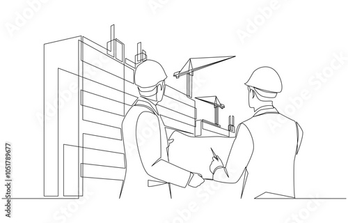 Continuous one line drawing of engineer and project manager holding blueprint looking at construction building, construction project progress monitoring concept, single line art.