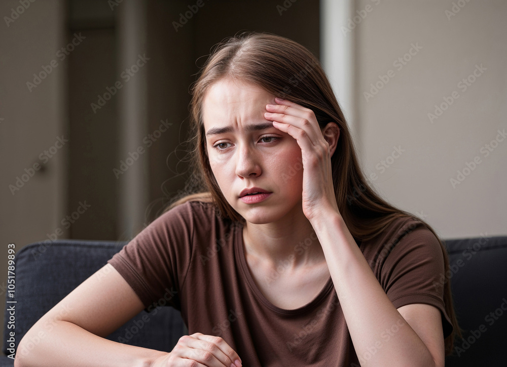 Stressed Woman Feeling Anxious at Home, Mental Health Concept Stressed Woman Feeling Anxious at Home, Mental Health Concept