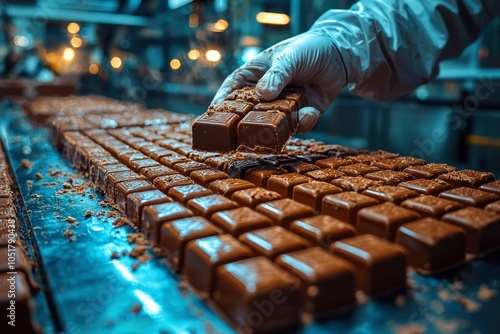 A Gloved Hand Placing Chocolate Bars on a Conveyor Belt in a Factory photo