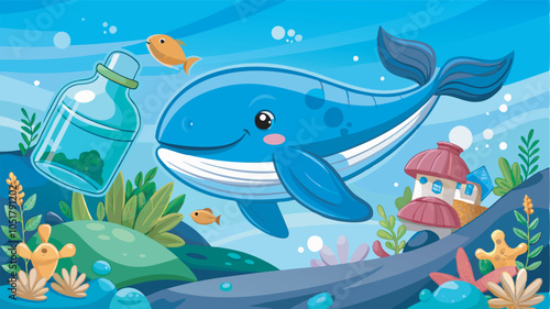 A vibrant underwater scene with a cheerful blue whale as the focal point, surrounded by sea creatures and a whimsical village theme. Joyful and lively atmosphere captured.