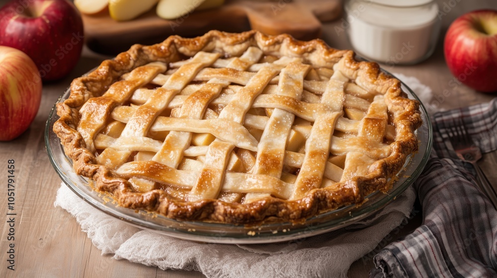 Apple pie with lattice crust, fresh apples, and cream in background Apple pie with lattice crust, fresh apples, and cream in background