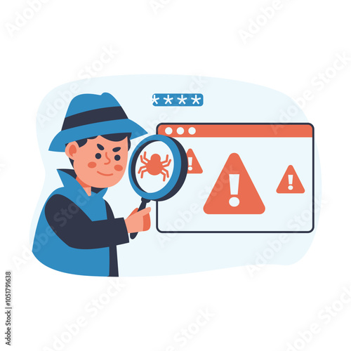 A cartoon detective inspects a computer screen showing warning alerts and a bug symbol, emphasizing cyber security.