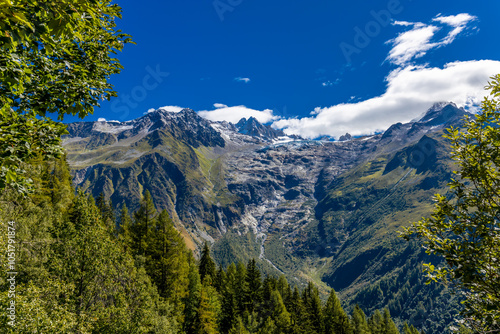 Chamonix rocky granite mountain peaks in french Alps around Mont Blanc summit in Chamonix valley. Scenic landscape of iconic alpine summits the legends of mountaineering and alpinism