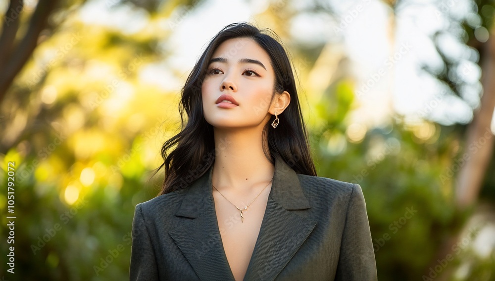 A woman in a stylish outfit poses confidently outdoors. A woman in a stylish outfit poses confidently outdoors.
