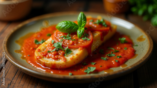 An Enticing Plate of Italian Cuisine Richly Adorned with Sauces Placed on a Rustic Wooden Table