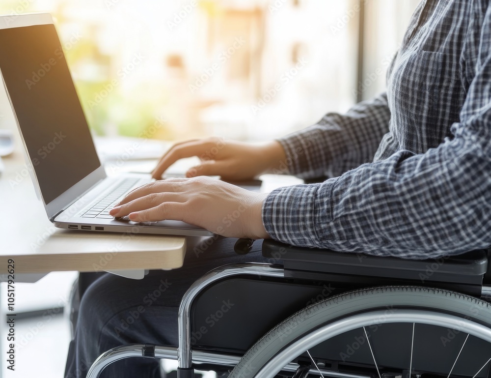 Woman in Wheelchair Working on Laptop at Office Desk Woman in Wheelchair Working on Laptop at Office Desk