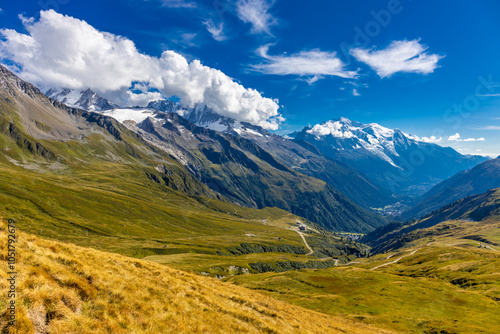 Chamonix rocky granite mountain peaks in french Alps around Mont Blanc summit in Chamonix valley. Scenic landscape of iconic alpine summits the legends of mountaineering and alpinism