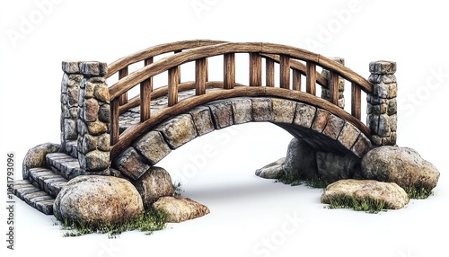 Rustic stone and wood bridge over rocks with weathered texture and simple design, ideal for landscape and architectural themes.