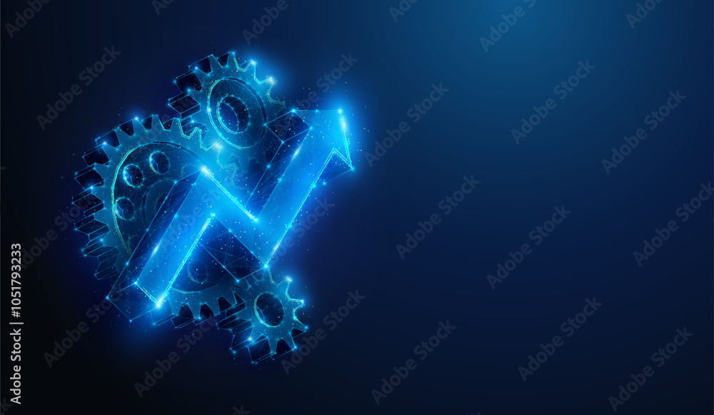 custom made wallpaper toronto digitalAbstract illustration of low poly arrow up over cogwheels. Blue geometric background depicting operational excellence, optimize technology, innovation, production growth concept by wireframe mesh