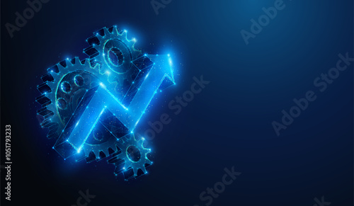 Abstract illustration of low poly arrow up over cogwheels. Blue geometric background depicting operational excellence, optimize technology, innovation, production growth concept by wireframe mesh