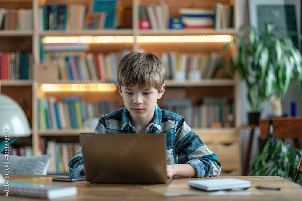 Little boy using laptop for studying online at home and doing homework Little boy using laptop for studying online at home and doing homework