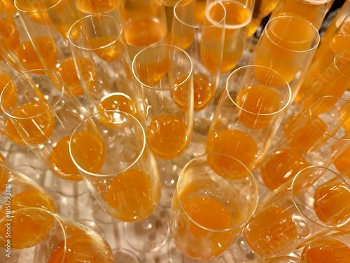 Full frame overhead view of glasses with peach puree ready to make bellini cocktails photo