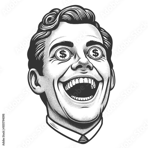 man with excited expression and dollar signs in his eyes, symbolizing greed or financial ambition sketch engraving generative ai vector illustration. Scratch board imitation. Black and white image.