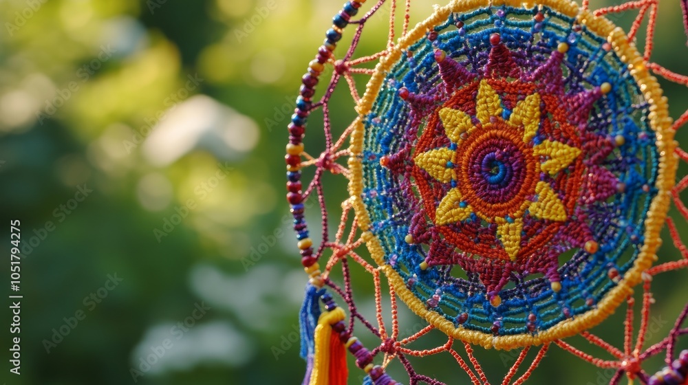 Fototapeta premium A colorful dreamcatcher with intricate details hangs against a blurred green background.