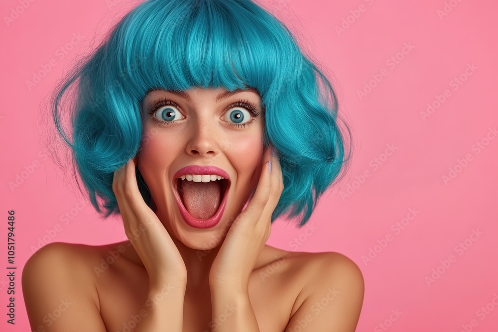 Portrait of beautiful emotional woman in blue wig on pink background Portrait of beautiful emotional woman in blue wig on pink background
