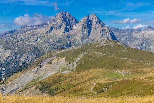 Chamonix rocky granite mountain peaks in french Alps around Mont Blanc summit in Chamonix valley. Scenic landscape of iconic alpine summits the legends of mountaineering and alpinism