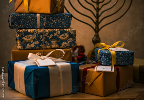 Colorful wrapped presents stacked on a wooden table beneath a warm ambient light during a festive holiday celebration photo