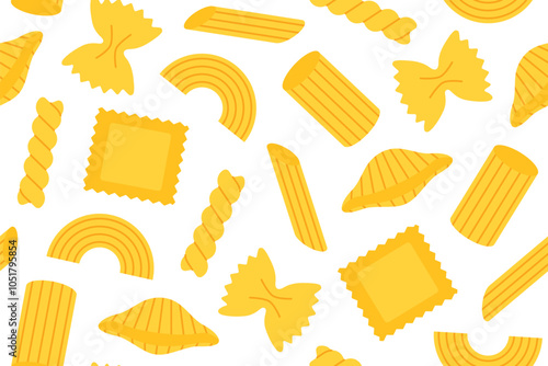 seamless pattern with different pasta types: penne; ravioli; farfalle; fusilli, conchiglie, rigatoni, - vector illustration