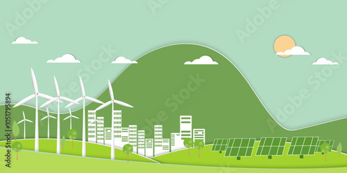 Green ecology city and alternative renewable energy.Paper art Vector illustration. ESG  environmental social  Concept
 
