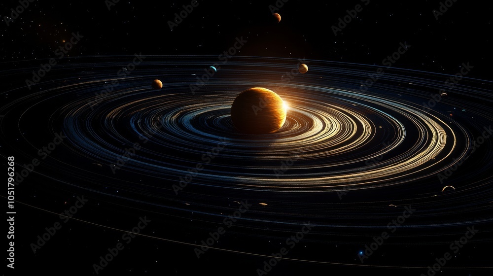 Obraz premium A stunning cosmic scene showcasing a planet surrounded by glowing rings and orbiting celestial bodies within a dark universe.