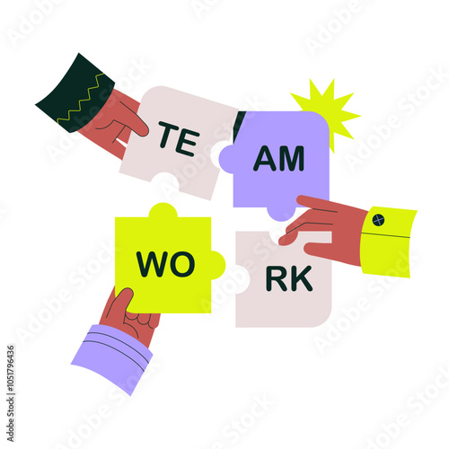 Teamwork represented by puzzle pieces coming together, symbolizing collaboration and cooperation, flat vector illustration.