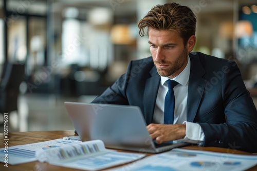 Focused businessman in suit using a laptop, analyzing charts and data at a modern office, representing productivity and professionalism