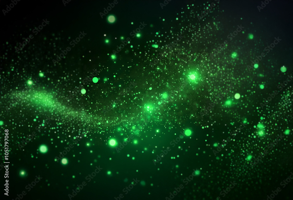 Fototapeta premium A swirling nebula of green and white particles fills the dark background, with brighter points of light scattered throughout.