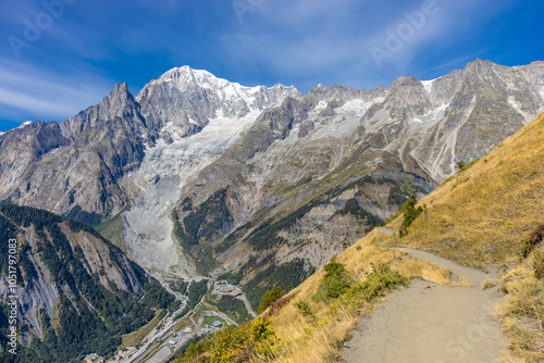 Chamonix rocky granite mountain peaks in french Alps around Mont Blanc summit in Chamonix valley. Scenic landscape of iconic alpine summits the legends of mountaineering and alpinism