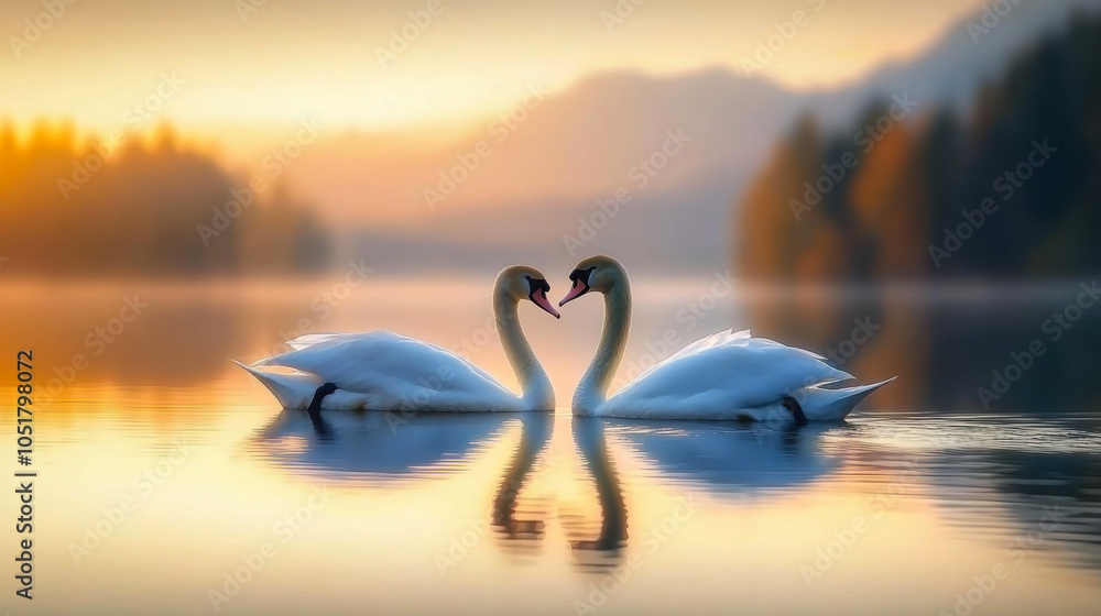 Fototapeta premium beautiful white swan in heart shape on lake in flare light