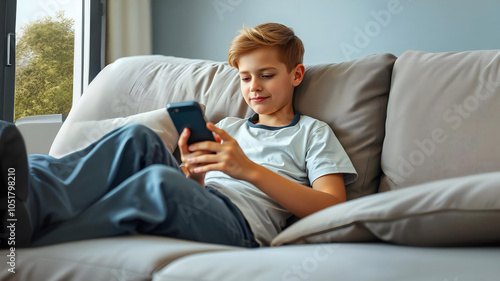 Young Boy Relaxing on Sofa While Using Mobile Device at Home Portrait photography,Realistic face,Natural photography,Ultra HD