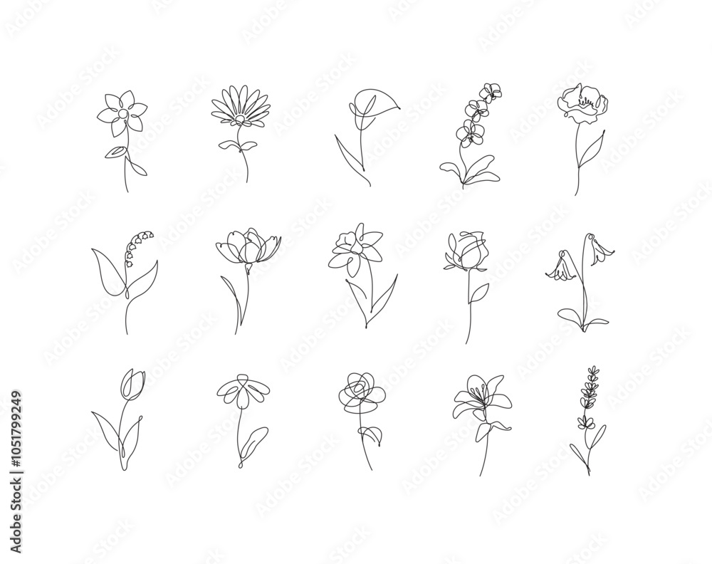 Flowers icons set rose, tulip, bell, camellia, daffodil, daisy, calla, lavender, lily, peony, poppy, wallflower drawing in round linear style with black on white background