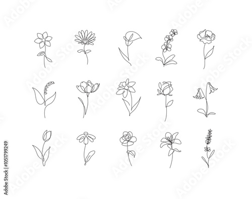 Obraz na płótnie Flowers icons set rose, tulip, bell, camellia, daffodil, daisy, calla, lavender, lily, peony, poppy, wallflower drawing in round linear style with black on white background w salonie