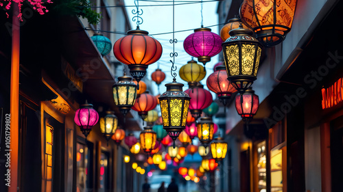 Colorful Arabic lanterns on the street. Ramadan Kareem background Cyberpunk, Neon colors, Ultra-realistic, Highly detailed