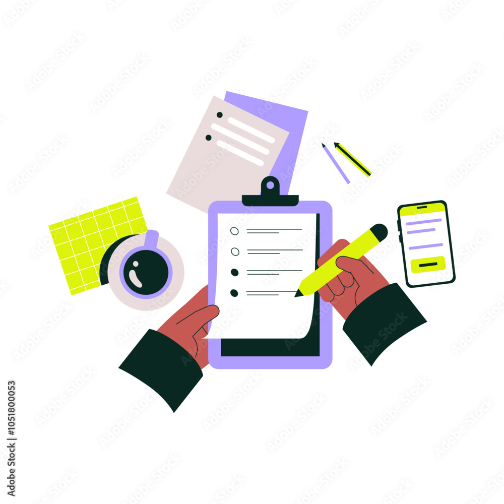 Planning tasks on clipboard with checklist, documents, and smartphone on office desk. Flat vector illustration symbolizing productivity, organization, and task management. Planning tasks on clipboard with checklist, documents, and smartphone on office desk. Flat vector illustration symbolizing productivity, organization, and task management.
