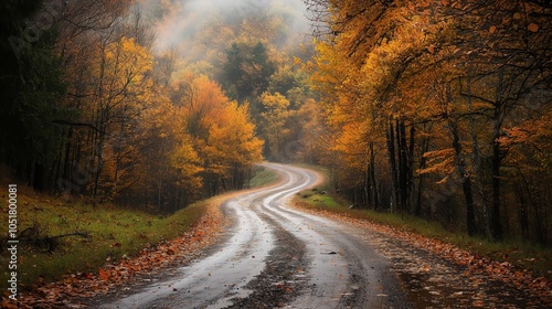 Autumn Forest Road, Fallen Leaves and Mist